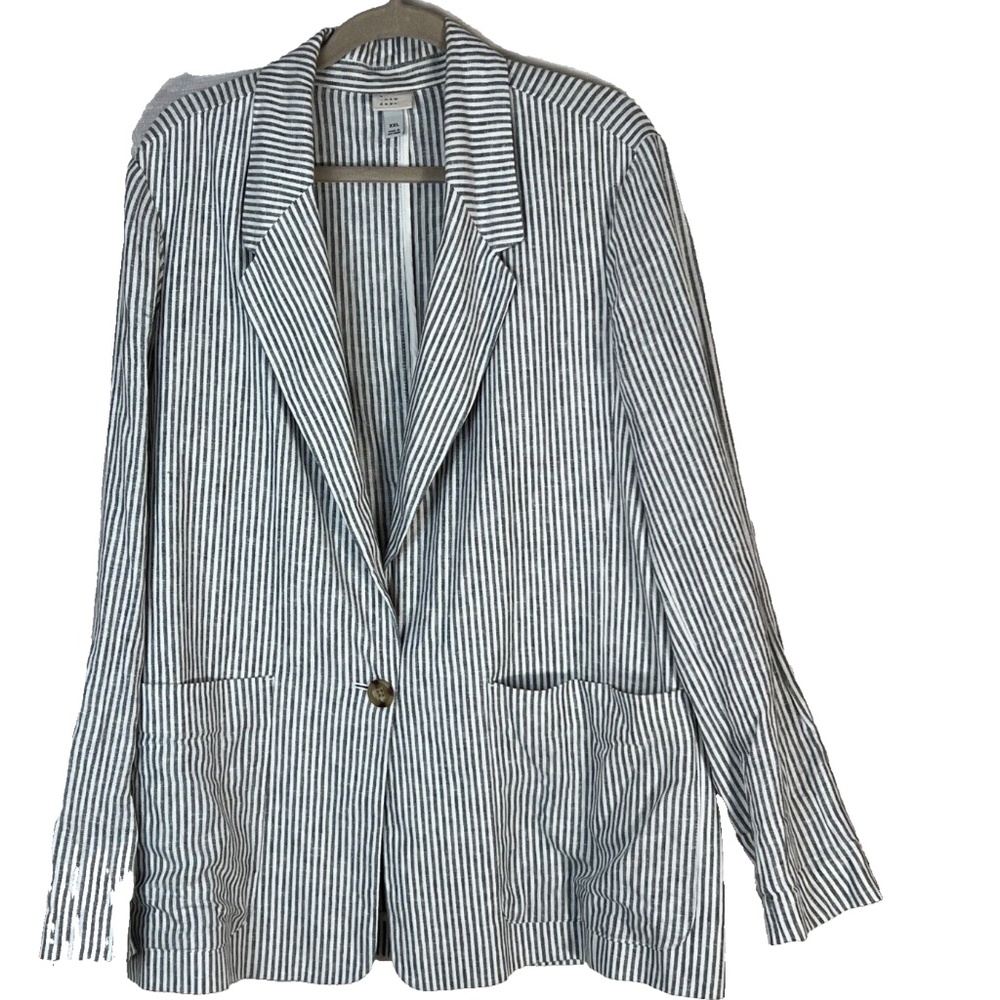 A New Day Blazer Jacket 1 Button Size XXL Blue White Striped Linen Blend Lined
